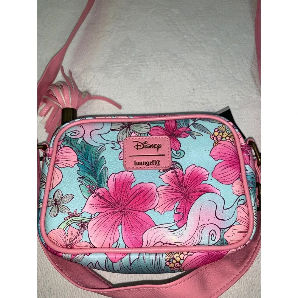Disney Loungefly Ariel Little Mermaid Hibiscus Floral Crossbody Bag Pink Blue